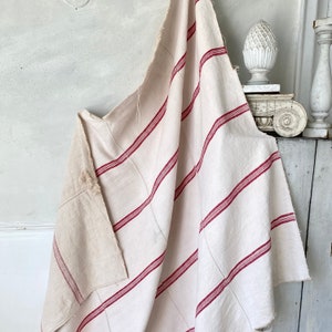 Grain sack Fabric RED stripe WASHED Linen + Cotton upholstery material heavy weight pillows upholstery curtains The Textile Trunk