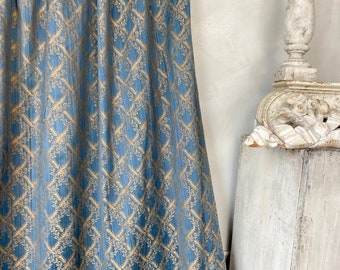 Blue silk and cotton damask  Vintage French Curtain Drape blackout black out drapery heavy goldUnique window treatment