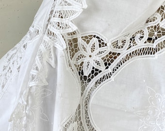 100 X 60 Oval French antique White lace tablecloth  shape c1920 old linens for Christmas thanksgivingUnique window treatment eco-friendly