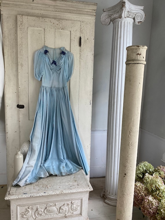 1930 Long Blue Dress Velvet Ribbon French Style Textile Edwardian Coastal  Home Eco-friendly