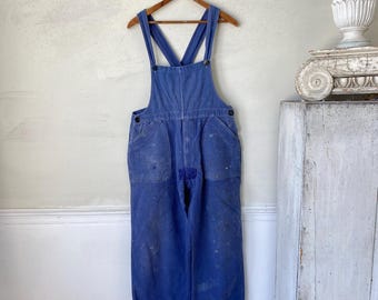 35 waist TIMEWORN repairs mends patches  Vintage Overalls Pants Trousers French Blue Denim  French Workwear Work Wear Chore Wear Boho