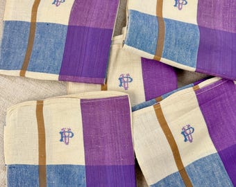 Per 1 ( 6 avail) VP PV  monogram initials 1940's French vintagekitchen towel teatowel handtowel hand towel purple blue old linen cotton