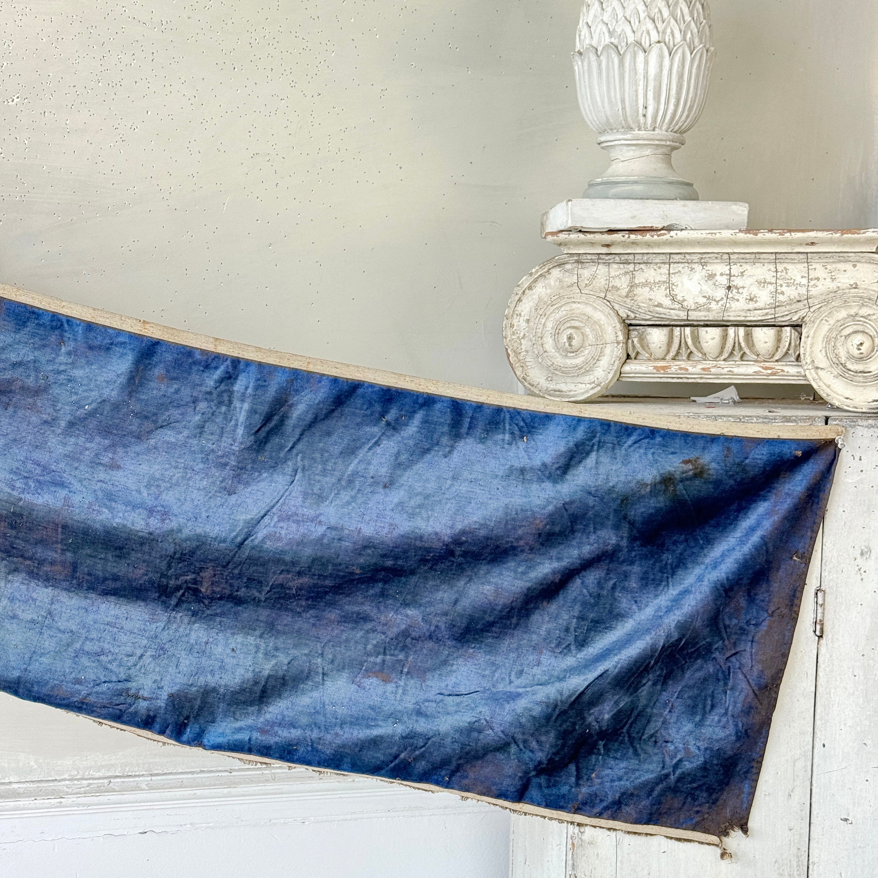 92x17  19th Electric blue century 1800's Antique European silk Velvet SOFT fabric material cloth Coastal home  eco-friendly