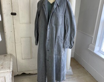 HEAVY weight denim Vintage Shirtdress gray French Teacher's Smock  1940 Button Up with Long Sleeves Boho steampunk eco-friendly