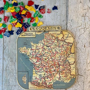 Franse vintage educatief hulpmiddel voor kinderen speelgoedkaart van Frankrijk francofiel cadeau-idee kerst thuis aan de kust milieuvriendelijk