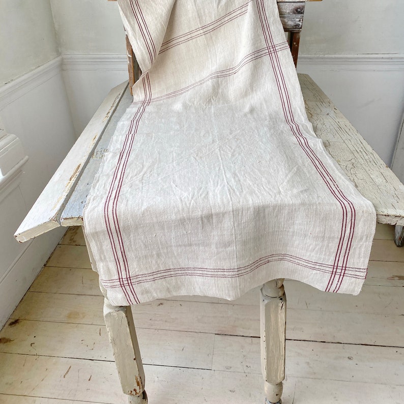 Upholstery fabric table runner 3.25 yards Antique homespun linen burgundy stripes homespun French country cottage styleThe textile Trunk image 4