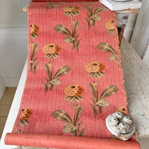 2.9 yrds ( 5.8 yrds avail) 1920  Vintage Floral Wallpaper Hand Blocked Roller Printed French Cottage Garden Wallcoverings Decor