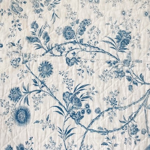 Antique English Bromley Hall Quilt  material 1770 faded blue floral textile monochromatic Coastal home  eco-friendly