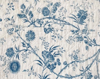 Antique English Bromley Hall Quilt  material 1770 faded blue floral textile monochromatic