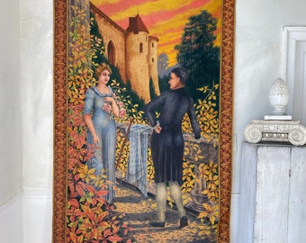 1925 Tapestry painting Antique painted wall hanging  French textile décor  France Chateau The Textile Trunk Max Marcelle Romantic