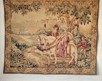 Vintage French Tapestry z ok. 1940 r. Średniowieczni jeźdźcy, zamek, krajobraz, rustykalny wystrój domu, Chateaucore, tony ziemi, zamek jeździecki