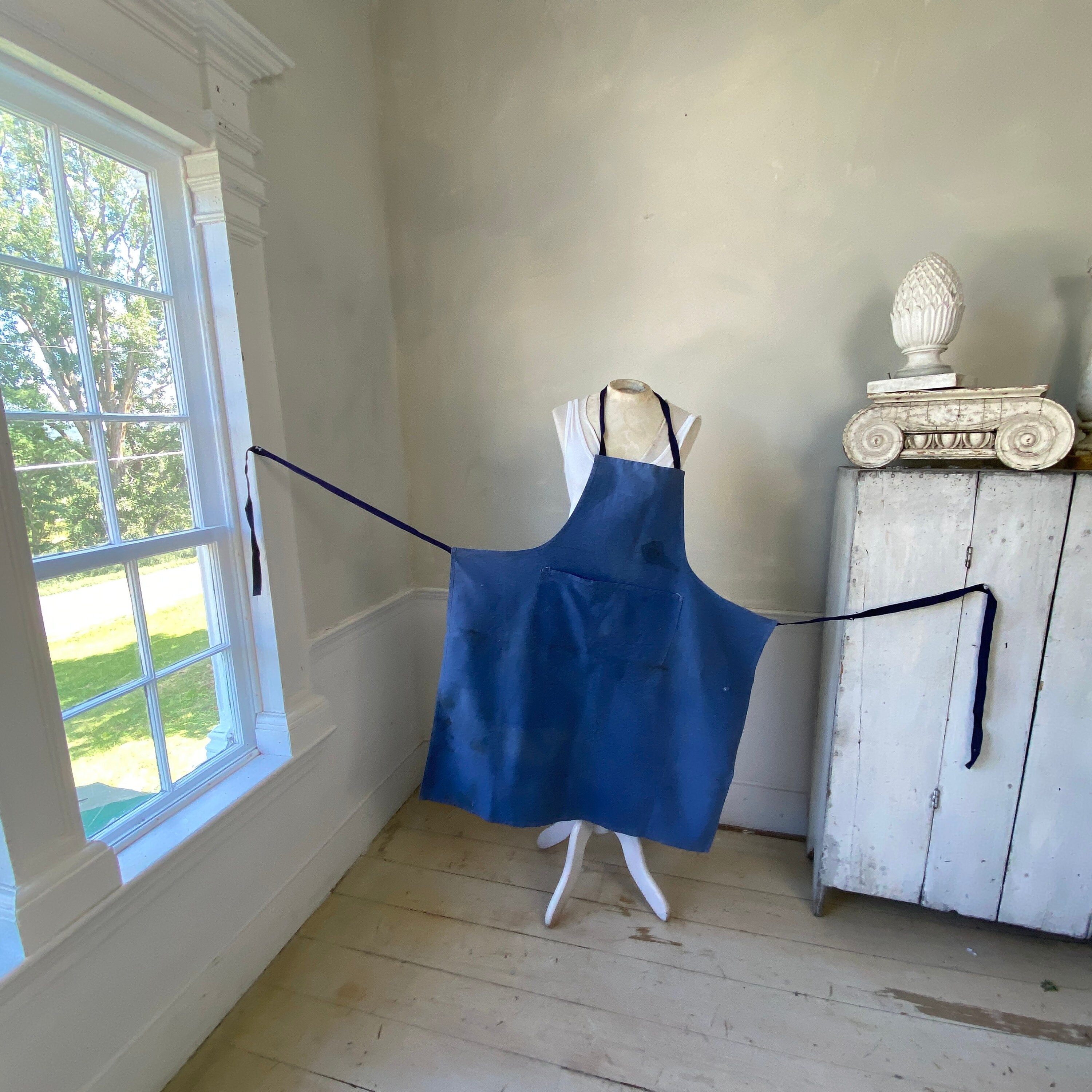 Vintage Apron French Faded Indigo Blue Cotton Denim Workwear