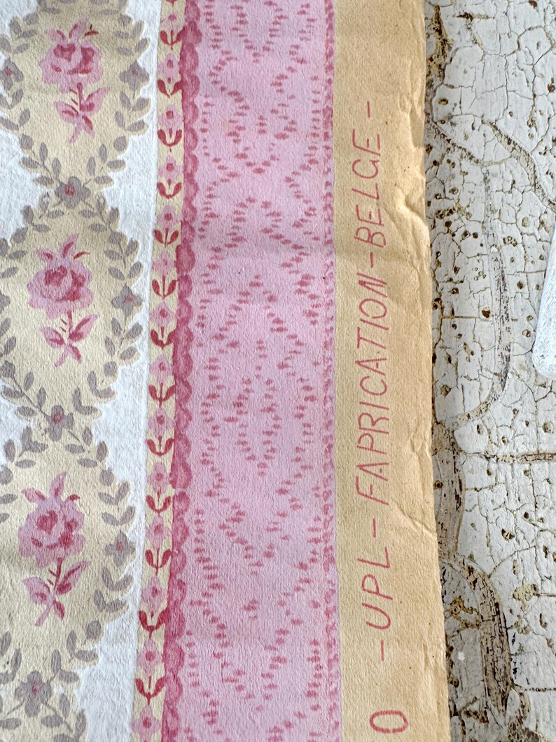 16x20 Antique Belgian Wallpaper Pink Stripe Pattern Design Floral ...