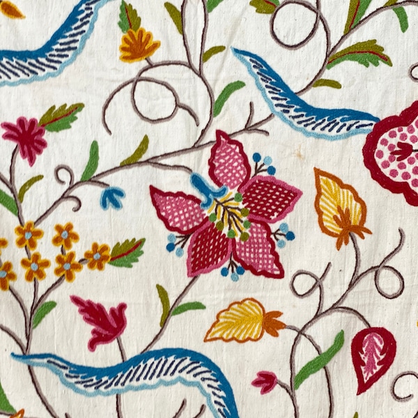 Crewel Crewelwork embroidered fabric material Cottagecore Cottage style  material upholstery curtains The Textile Trunk