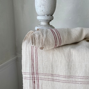 Upholstery fabric table runner 3.25 yards Antique homespun linen burgundy stripes homespun French country cottage styleThe textile Trunk image 1