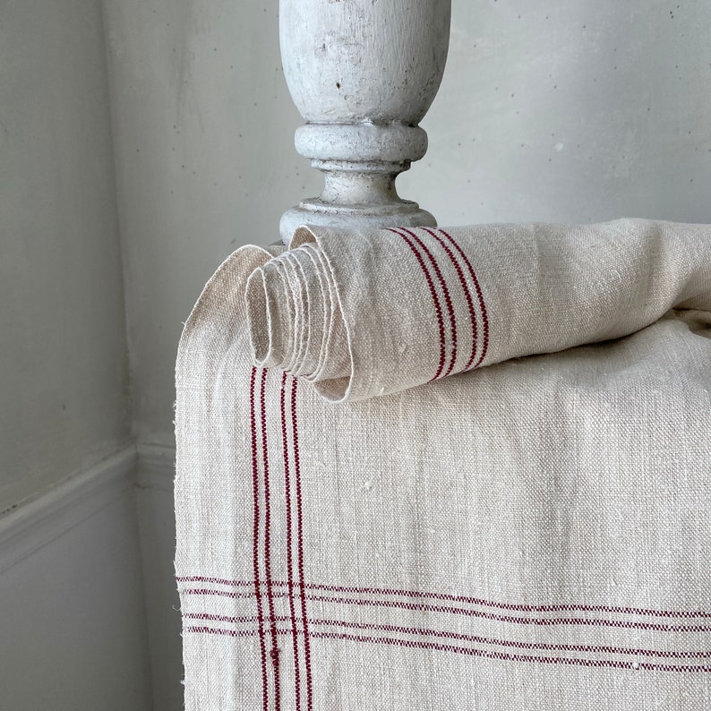 Upholstery fabric table runner 3.25 yards Antique homespun linen burgundy stripes homespun French country cottage styleThe textile Trunk image 1