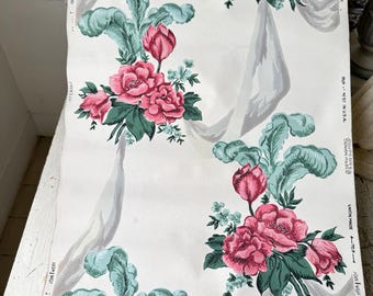 8yds Vintage American wallpaper pink rose stripe pattern light resisting Joliet Wall Paper Mills unused  Ribbon cabbage roses floral cottage
