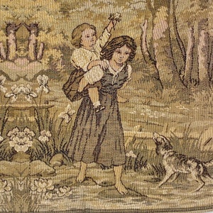 46x18 Mother child dog scene Antique French tapestry curtain drape HEAVY jacquard weave c1920Unique window treatment eco-friendly