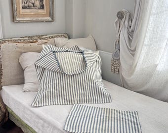 2 Franska örngott Handgjort europeiskt plädstycke Bomull Blårandigt Primitivt Bondgårdshus Rustikt Hem Shabby Cottage Textil Miljövänligt