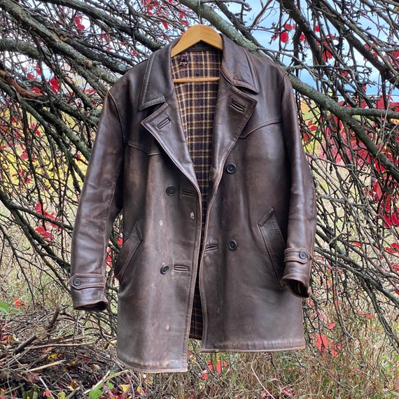 50's Work wear leather jacket belt belted coat w