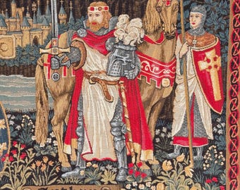 May include: Tapestry depicting King Arthur in medieval attire, holding a sword and wearing a crown. A knight stands beside him, holding a staff. The tapestry features a castle, a horse, and the name "Arthur". The color palette includes red, gold, and brown.