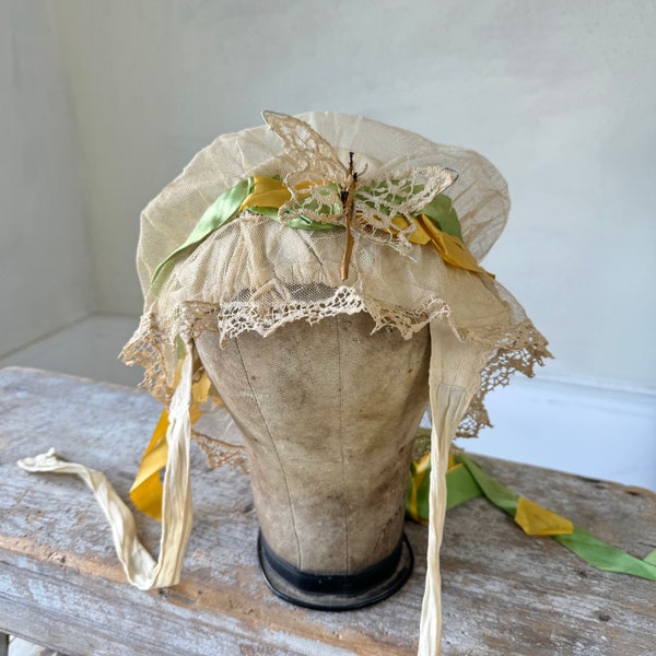 1900 Edwardian French bonnet hat silk ribbons with Butterfly butterflies design mesh natural headpiece