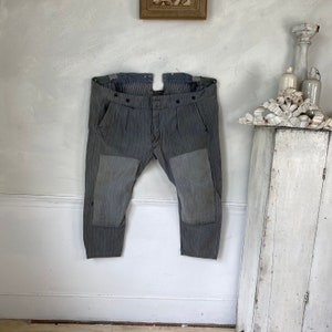 Early 1900s Work pants Timeworn Textile Art 56 inch waist Vintage French Workwear Work Wear Pants Gray Striped Pants Coastal home
