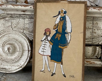 May include: A framed illustration of two women in vintage clothing. The woman on the left is wearing a white dress with a pink hat and a scarf. The woman on the right is wearing a blue dress with a white fur collar and a black hat. The illustration is signed "ISAB."