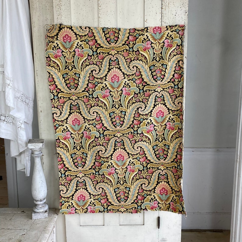 1900 Antique French black fabric floral faded heavy weight upholstery material