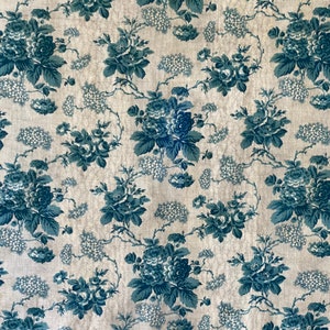 Large MASSIVE Antique Curtain 1850 GRAY and  teal  printed antique Chintz fabric blue rosesUnique window treatment Coastal home