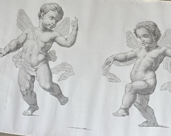 Rollo de papel tapiz francés antiguo raro de 2 yardas, década de 1900, querubines grises, putti alados, arte de pared neoclásico, papel tapiz único hecho a mano, estilo shabby chic para casa antigua