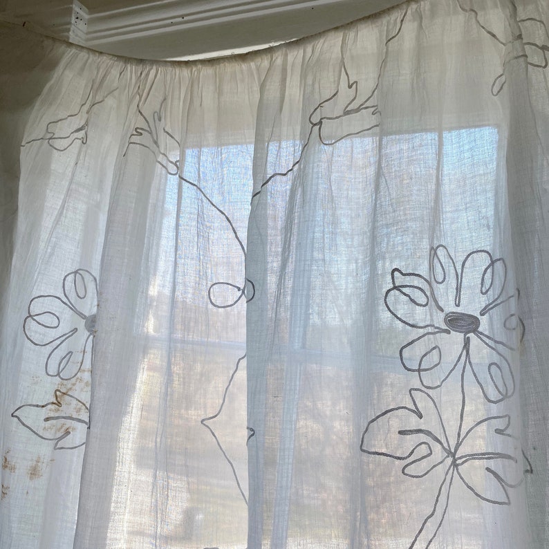 White Antique muslin curtain tambour lace applique 1800's drapeUnique window treatment image 7