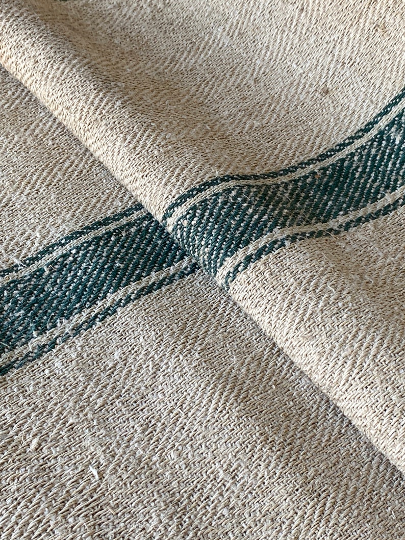 Stair Runner Heavy Hemp Grain Sack Fabric by the yard with Green Stripes herringbone Weave Antique Linen image 8