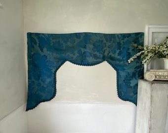 lambrequin Blue teal Antique French silk damask drape passementerie interlined blackout French high style  The Textile Trunk Coastal home
