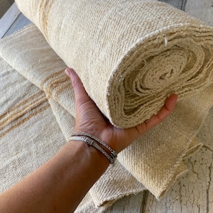 Grain sack Fabric Antique homespun linen Caramel Ochre striped hemp by the yard twill weave image 7
