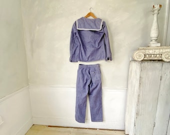 26 waist Navy Military Vintage French sailor suit pants jacket denim blue long sleeves  workwear work clothes chorewear chore wear textiles