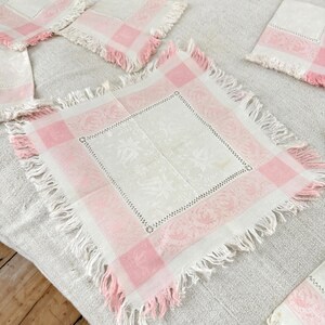 9 antique damask pink napkins linen handmade drawnwork cottage farmhouse country home decor kitchen unique eco-friendly