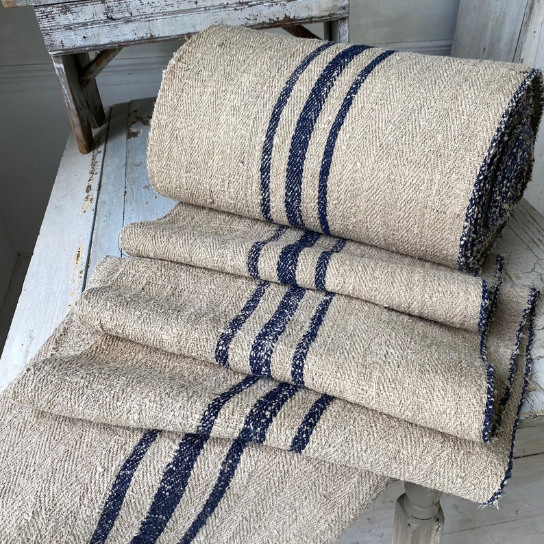 5 YARDS piece Stair runner heavy hemp Grain sack Fabric by the yard dark blue Antique homespun linen The Textile Trunk Modern Farmhouse image 6