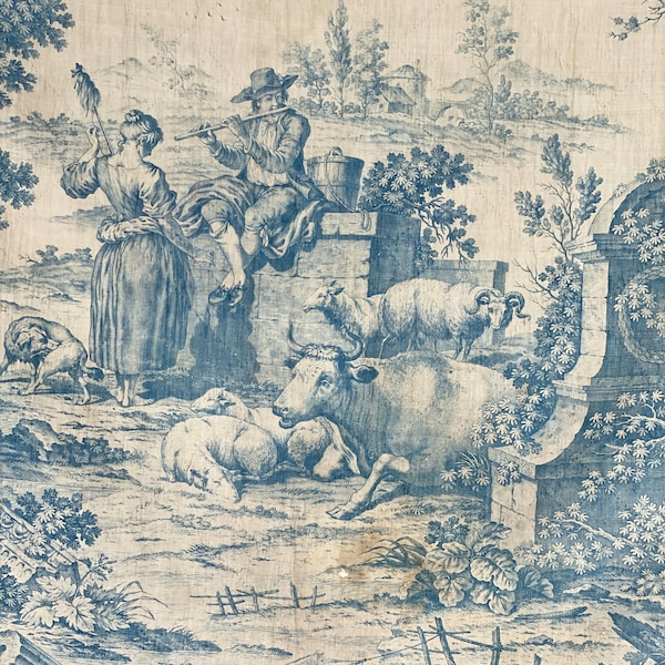 Antique English Toile " Old Ford Pastoral "peacock and ruins Historic Textile 1761 Copperplate  Robert Ford  jouy Blue fabric  Document