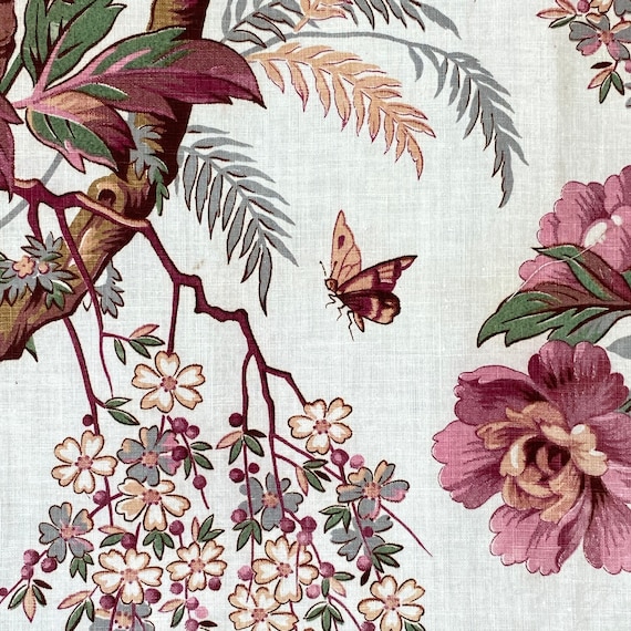 Antique Fabric French Floral Circa 1850 Hand Block Printed