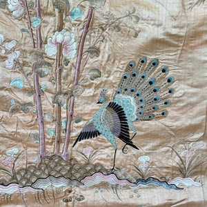 81x80 SILK Antique Chinese embroidered wall hanging mural bed cover curtain textile 19th century Embroidery  RARE peacock eco-friendly