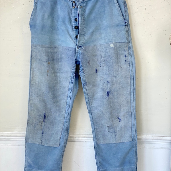 34 waist Amazing Blue moleskin pants work wear workwear French France antique jeans trousers faded soft  The Textile Trunk