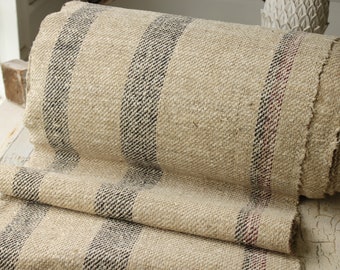 Stair runner heavy hemp Grain sack Fabric by the yard black and red stripes twill weave Antique homespun linen eco-friendly