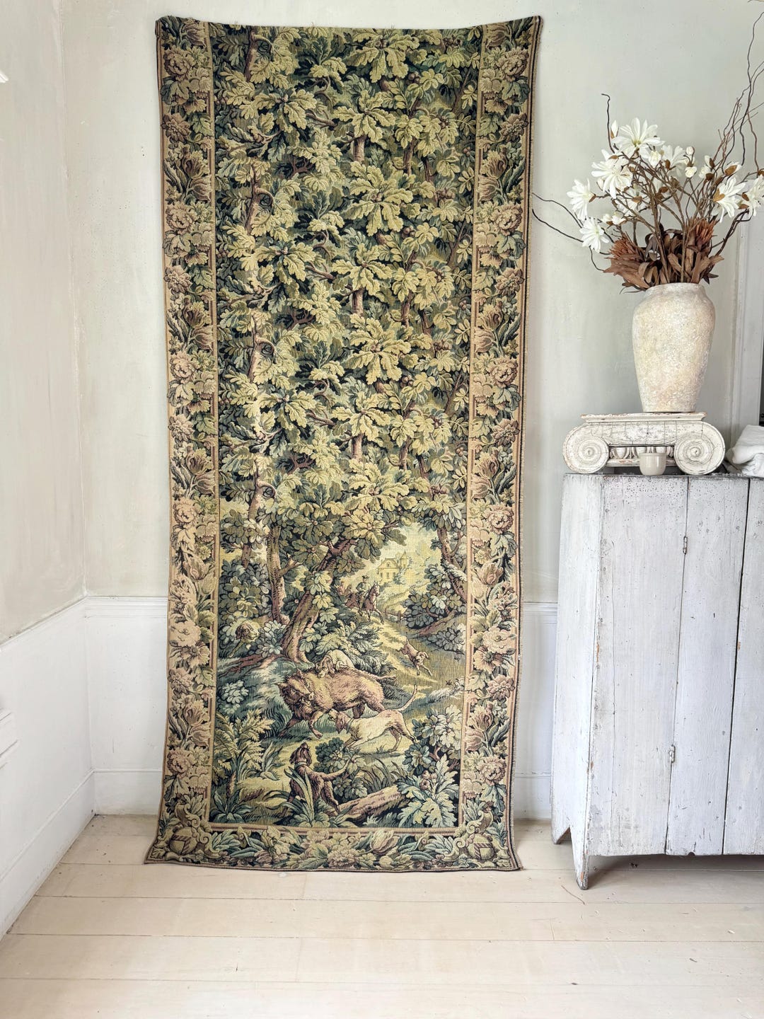 114x48 Antique French Tapestry Panel Wild Boar Hunt Verdure Scene ...