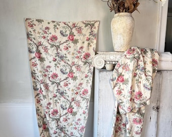 15m Französischer Leinen Stoff c1930 Floral Rosen Stoff Vintage Stoff 100% Baumwolle Naturbeige Blumen Shabby Dekoration