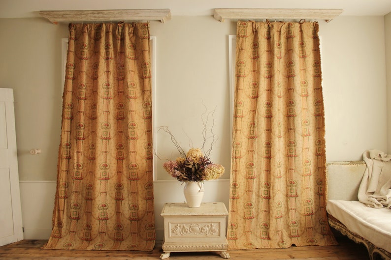 Pair of Antique Curtains c1900 Hand Block Printed Floral LinenUnique window treatment image 1