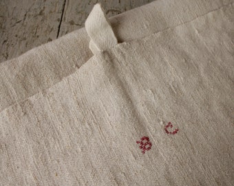 Antique French dish SOFT towel white plain linen with tabs for hanging BC initials c1850 farmhouse country style design