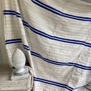 Grain sack material Antique Grainsack fabric hemp linen blue stripes Upholstery fabric 1930&#39;s ticking tica Coastal home  boho  eco-friendly