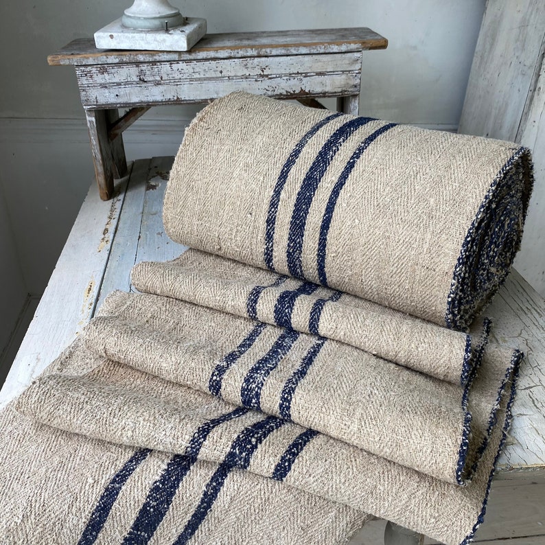 5 YARDS piece Stair runner heavy hemp Grain sack Fabric by the yard dark blue Antique homespun linen The Textile Trunk Modern Farmhouse image 7