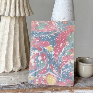 9x6.25 Antique French marbled paper 18th century bookbinding sheet bold red blue mustard hand painted feathered swirl pattern unique art